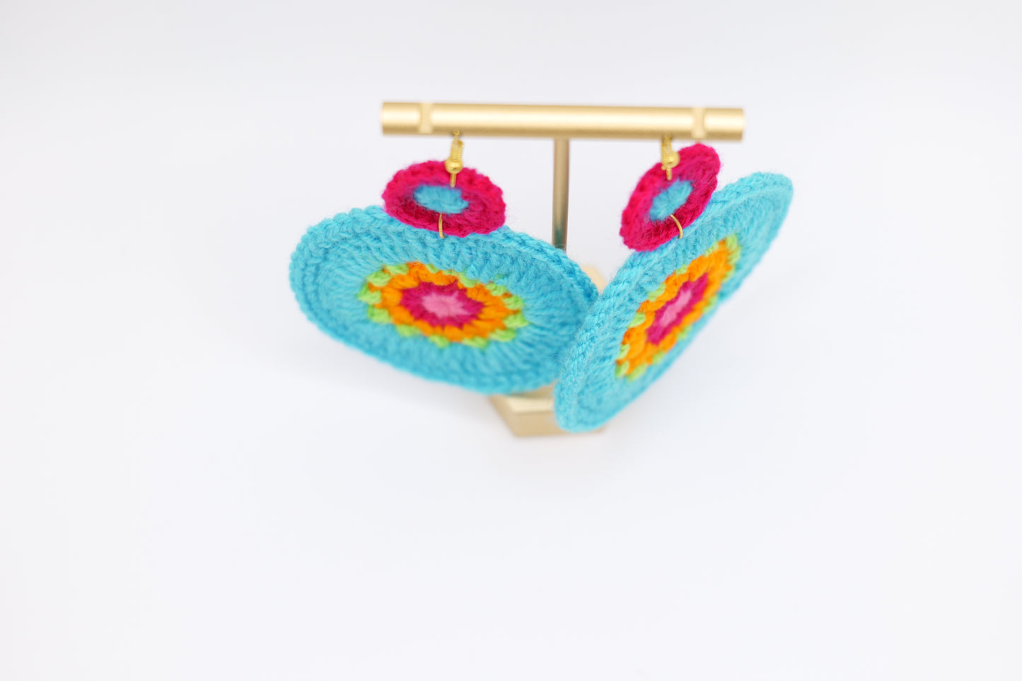 Large circle crocheted earrings in turquoise image 1