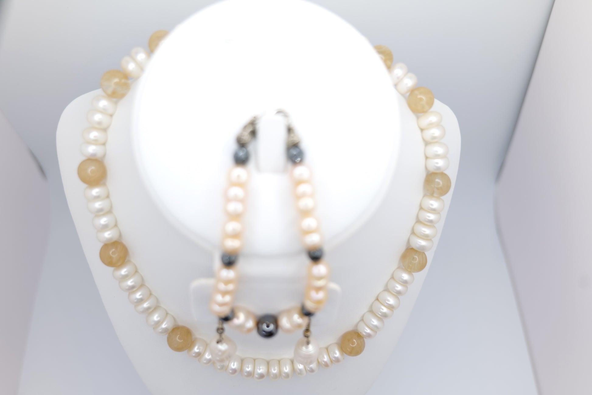 Pearl necklace, earrings, and bracelet set with citrine and hematite accents image 3