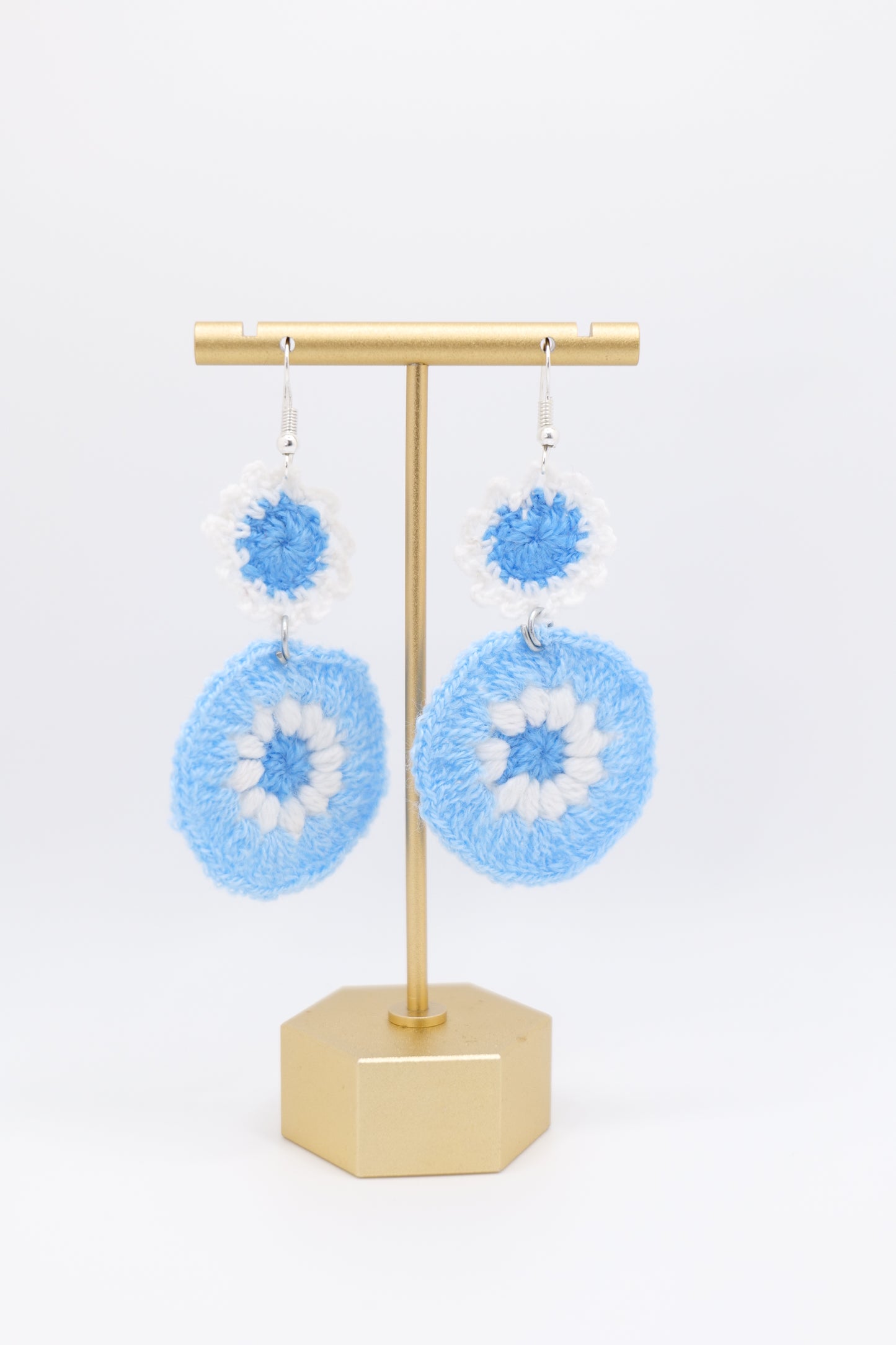 Two-flower crocheted earrings in light blue image 2