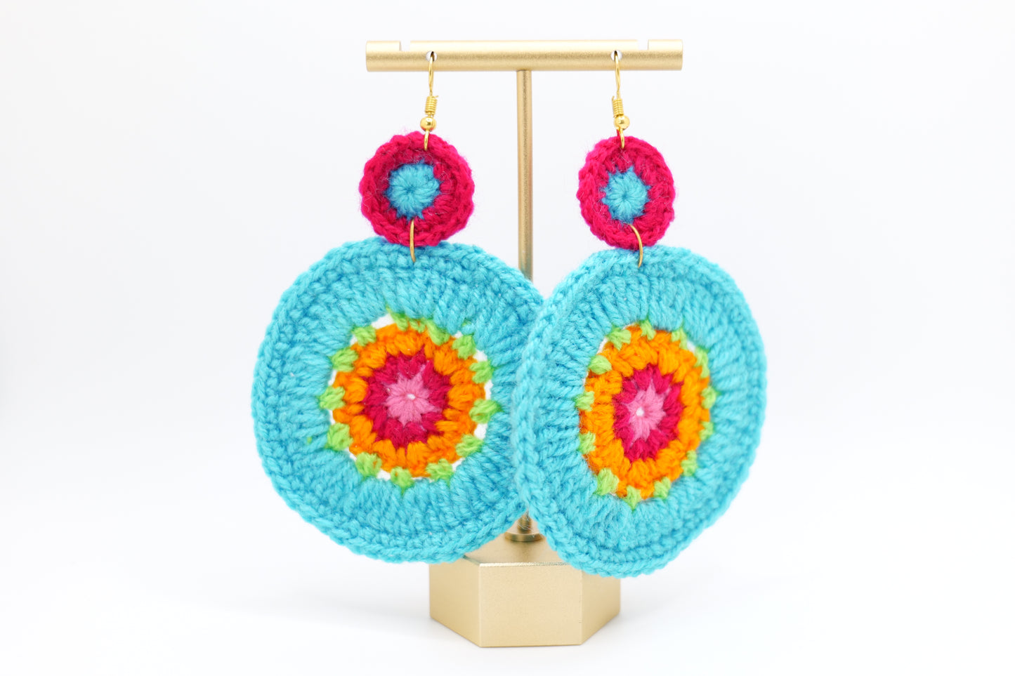 Large circle crocheted earrings in turquoise image 0