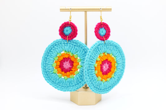 Large circle crocheted earrings in turquoise image 0