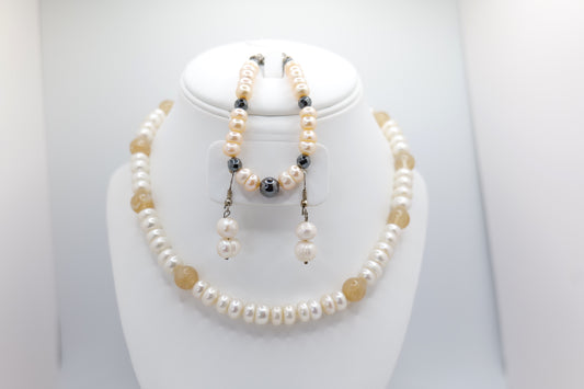 Pearl necklace, earrings, and bracelet set with citrine and hematite accents image 0