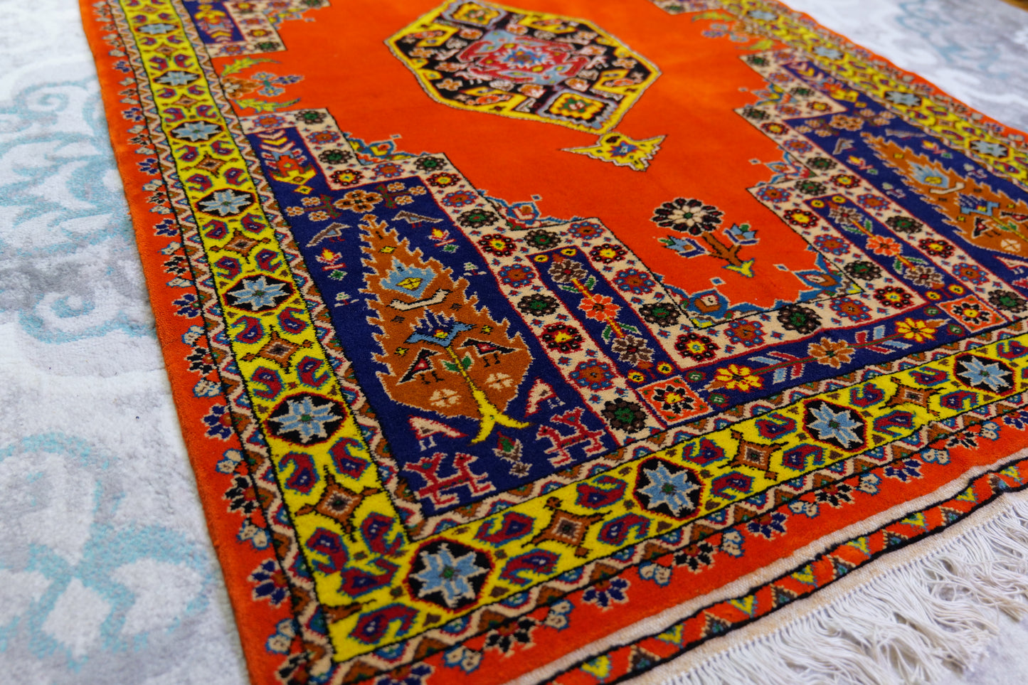 60" x 44" Intricate Geometric Color Blocked Handwoven Area Rug from Afghanistan