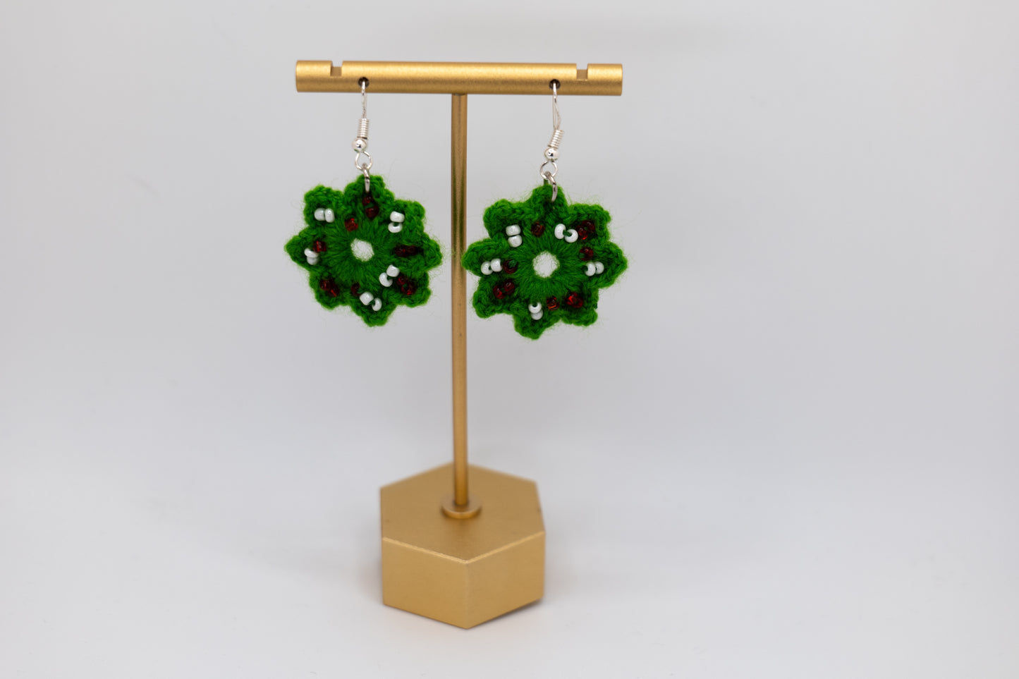 Handmade Star Green Flower Crocheted Earrings – Crafted by Afghan Women