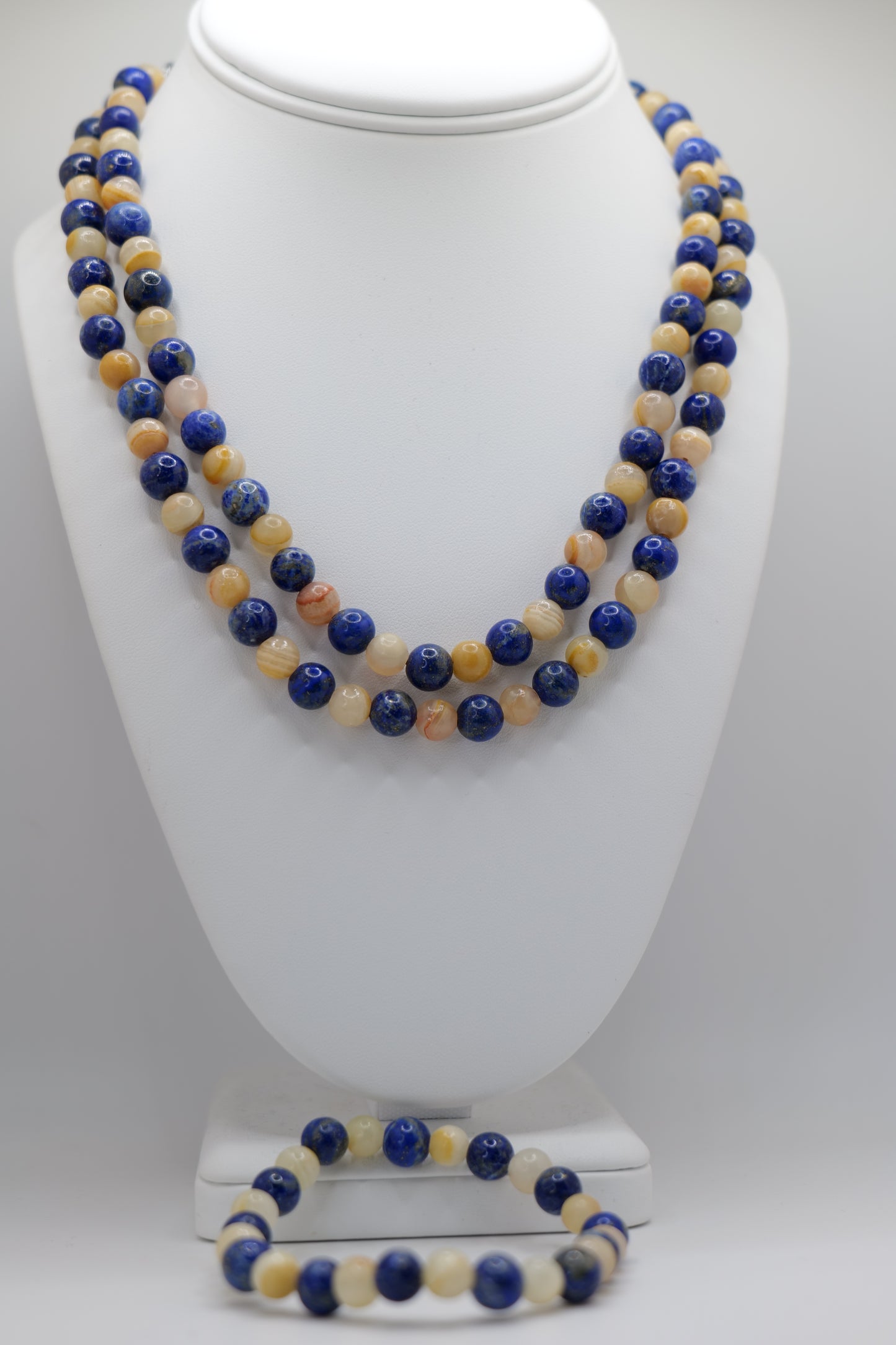 Double Lapis Lazuli and Marble Beaded Jewelry Set