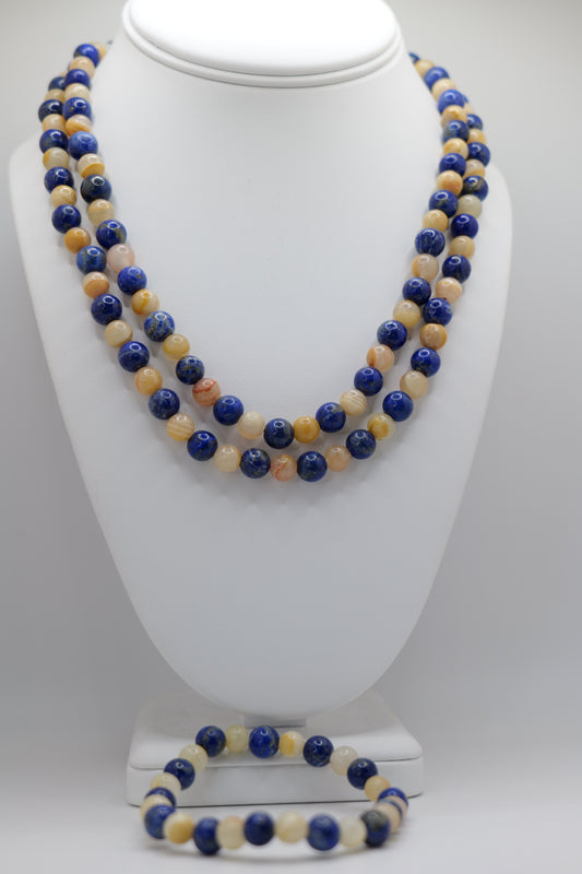 Double Lapis Lazuli and Marble Beaded Jewelry Set