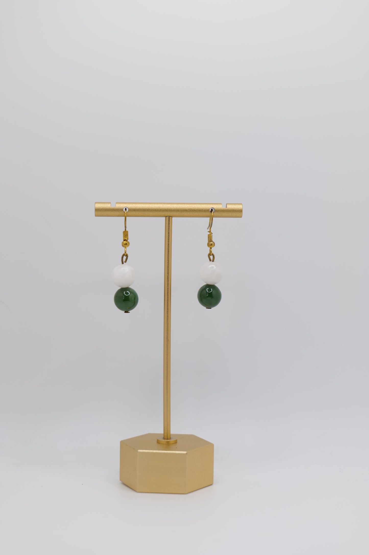 White Marble and Nephrite Earrings with Bronze