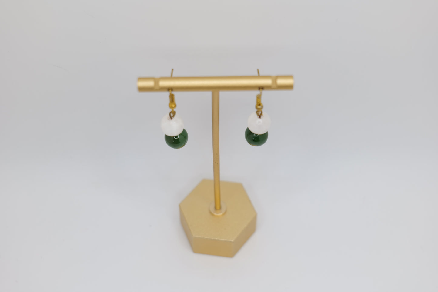White Marble and Nephrite Earrings with Bronze