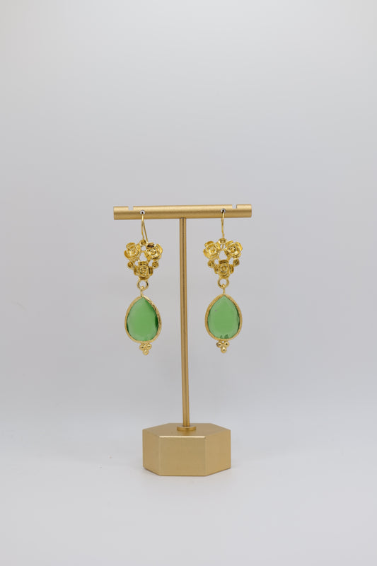 Glass and Floral Gold-Plated Earrings