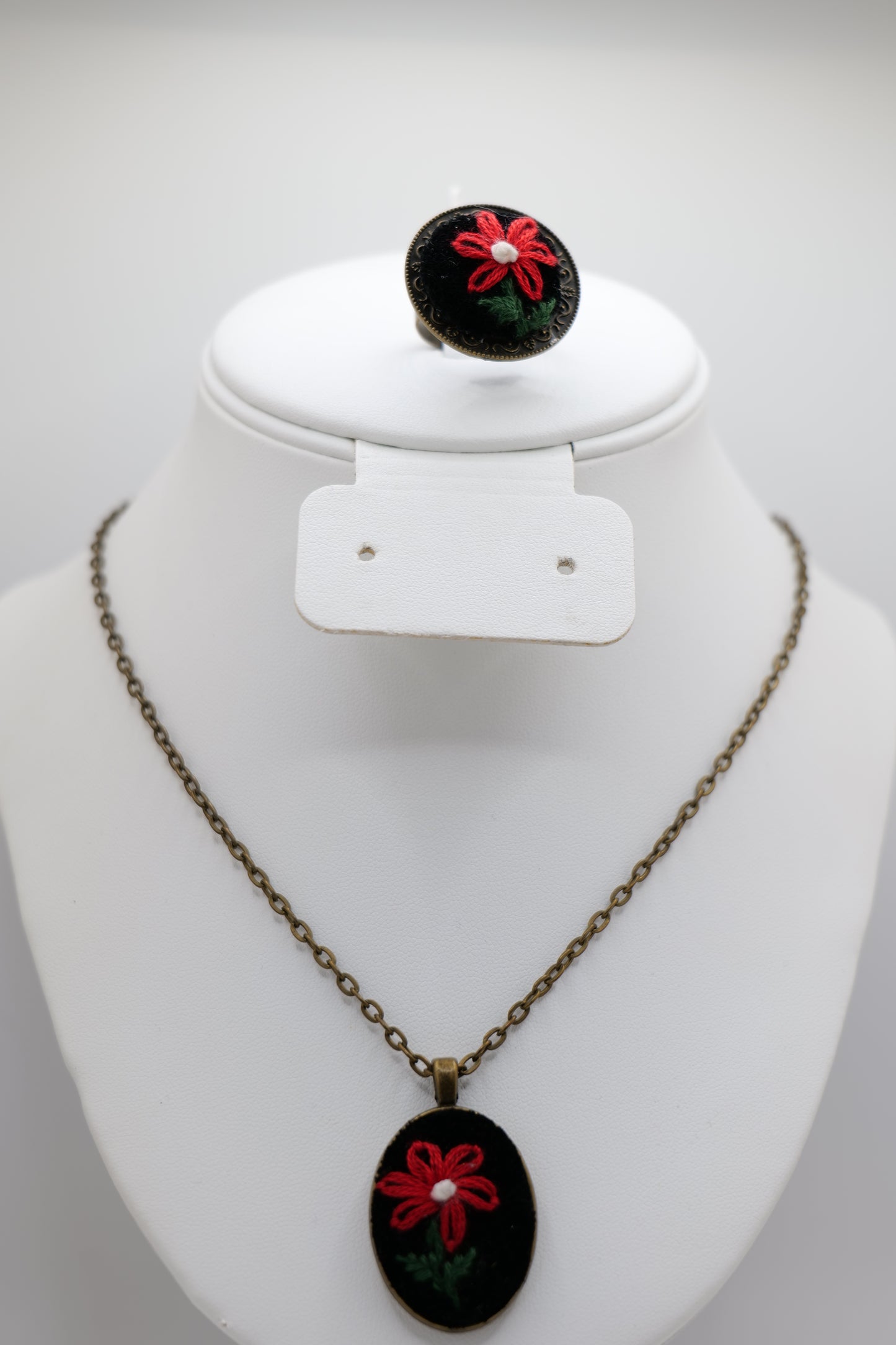 Floral Embroidery Necklace and Ring Set