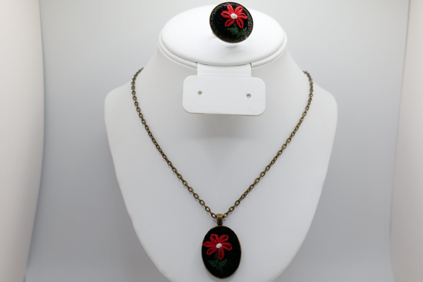 Floral Embroidery Necklace and Ring Set