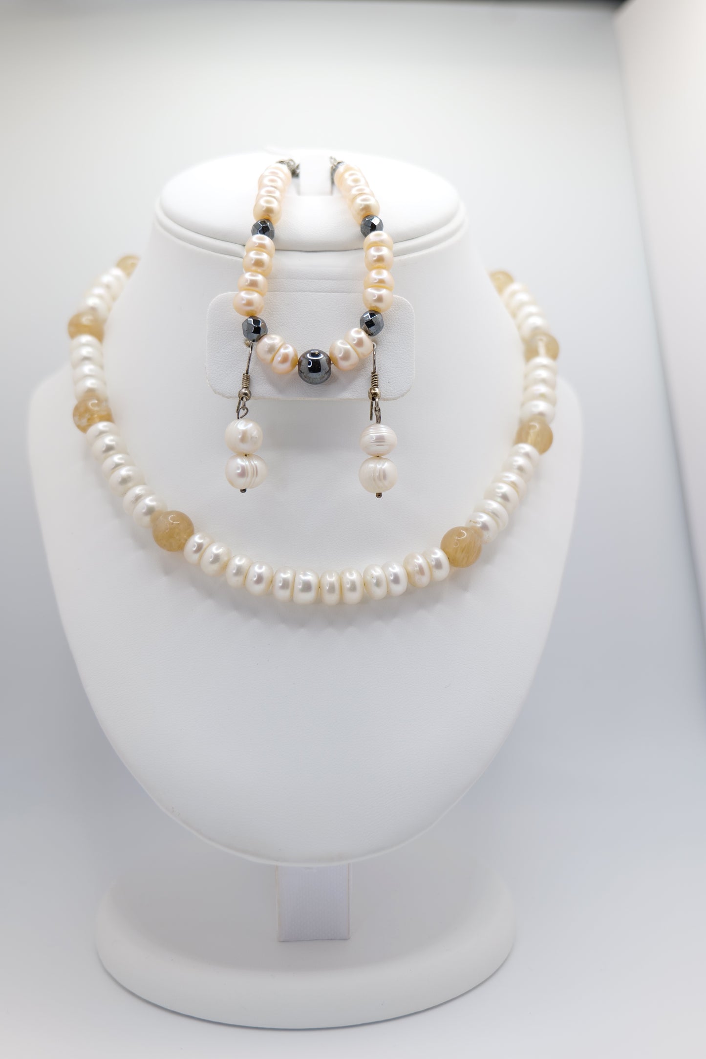 Pearl necklace, earrings, and bracelet set with citrine and hematite accents image 2