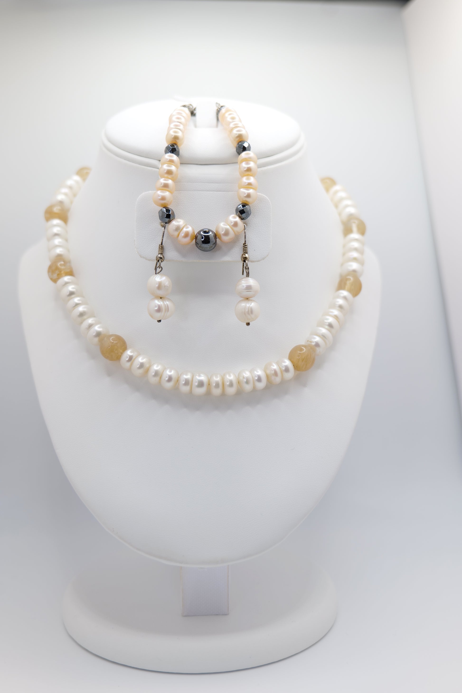 Pearl necklace, earrings, and bracelet set with citrine and hematite accents image 2