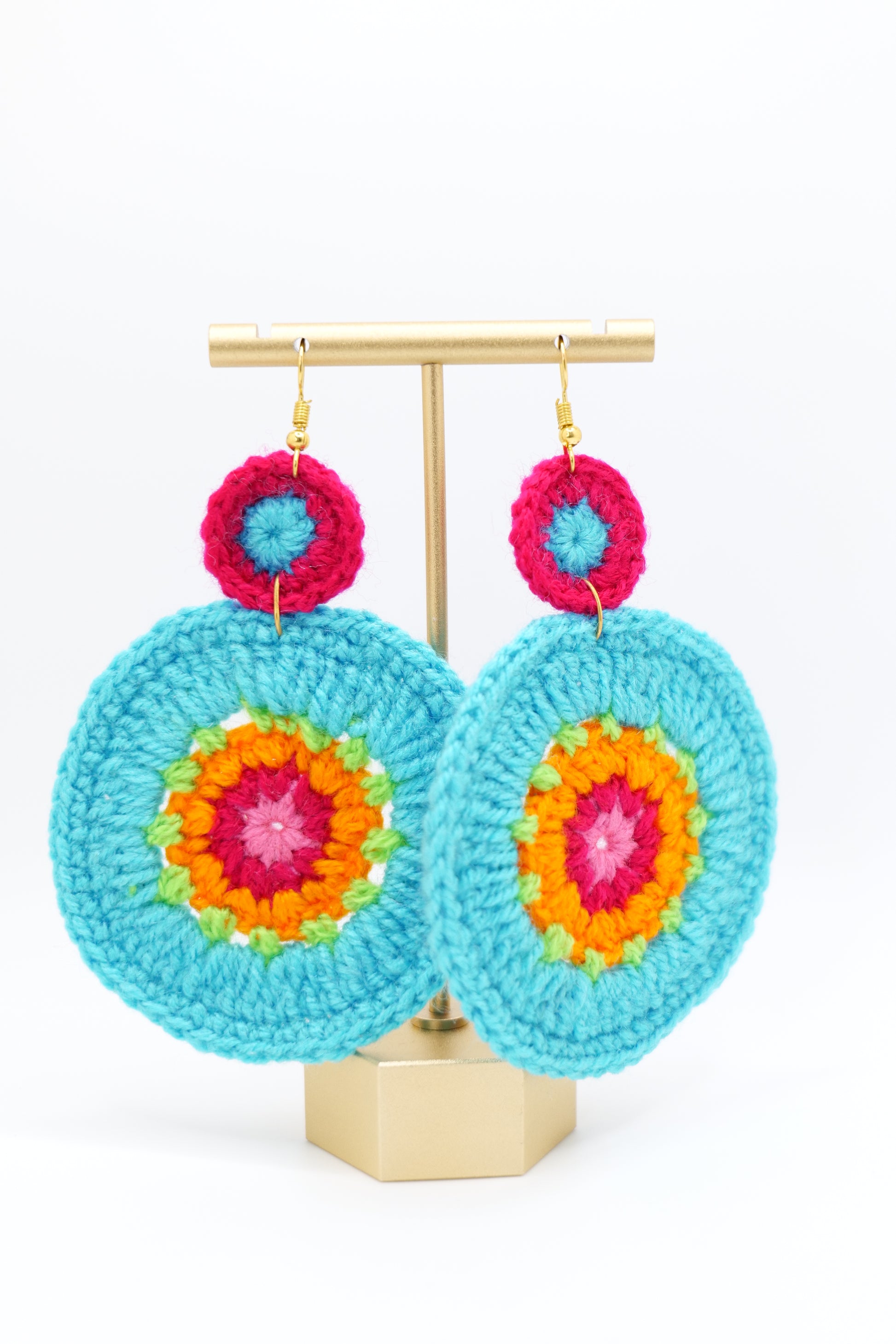 Large circle crocheted earrings in turquoise image 2