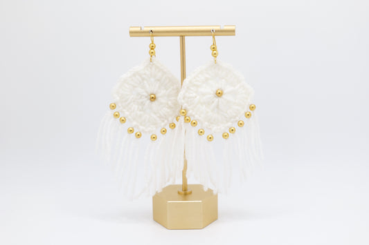 Crocheted tassel earrings with gold beads in white image 0
